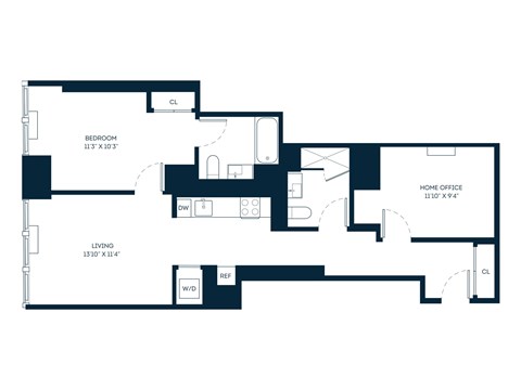 Floor plan for 1 bed, 2 baths, 883 sqft